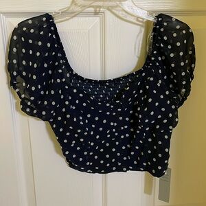 NWT ITIS NAVY BLUE & WHITE POLKA DOT CROP TOP BUTTON DOWN BLOUSE